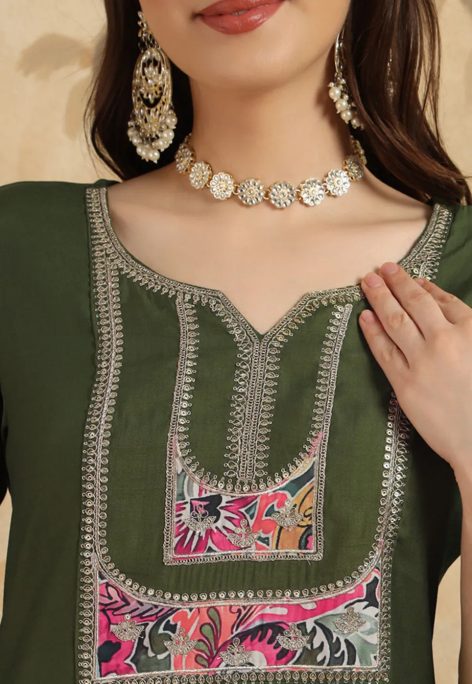 Embroidered Chanderi Silk Pakistani Suit in Dark Olive Green