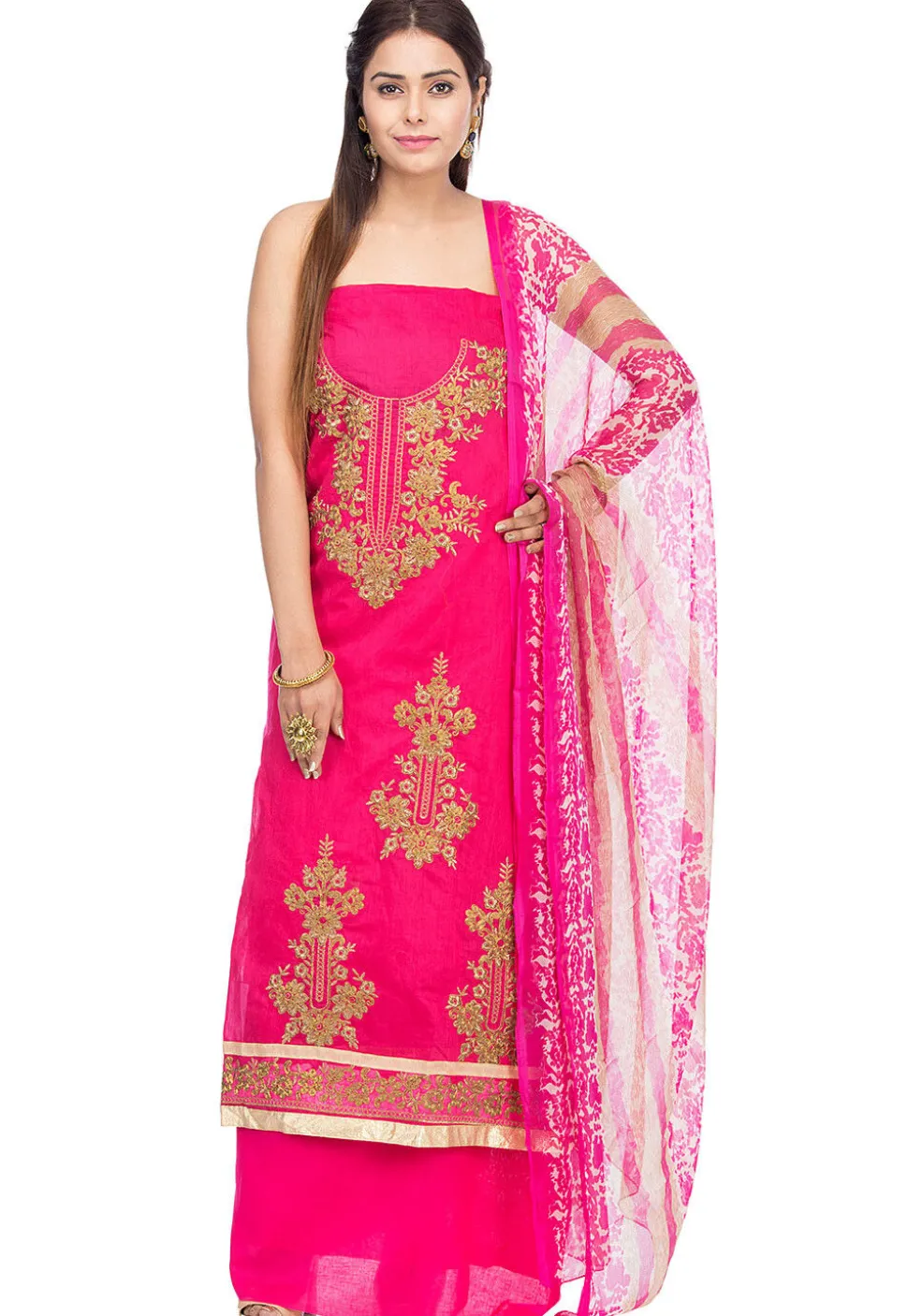 Embroidered Chanderi Silk Straight Suit in Fuchsia