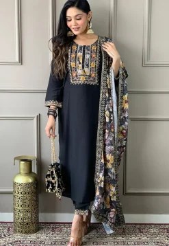 Embroidered Chanderi Silk Pakistani Suit in Black