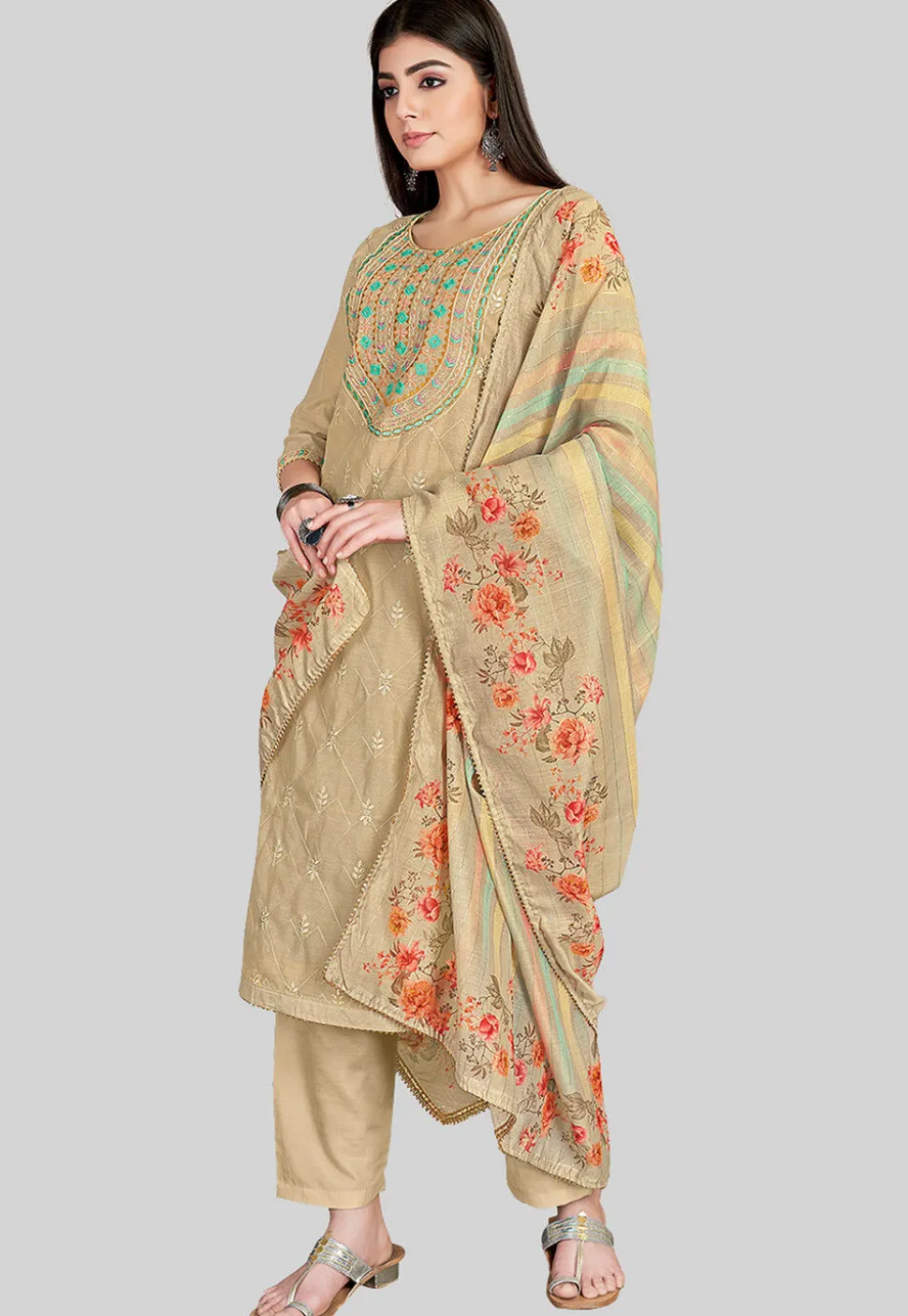 Embroidered Chanderi Silk Pakistani Suit in Beige
