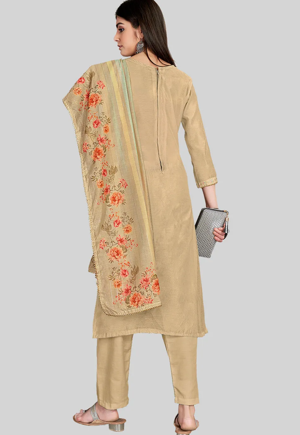 Embroidered Chanderi Silk Pakistani Suit in Beige