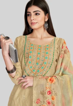 Embroidered Chanderi Silk Pakistani Suit in Beige