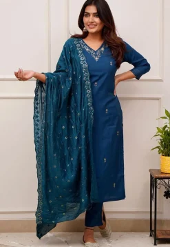 Embroidered Chanderi Silk Pakistani Suit in Teal Blue