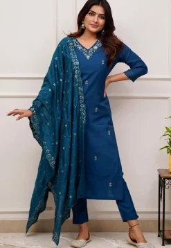 Embroidered Chanderi Silk Pakistani Suit in Teal Blue