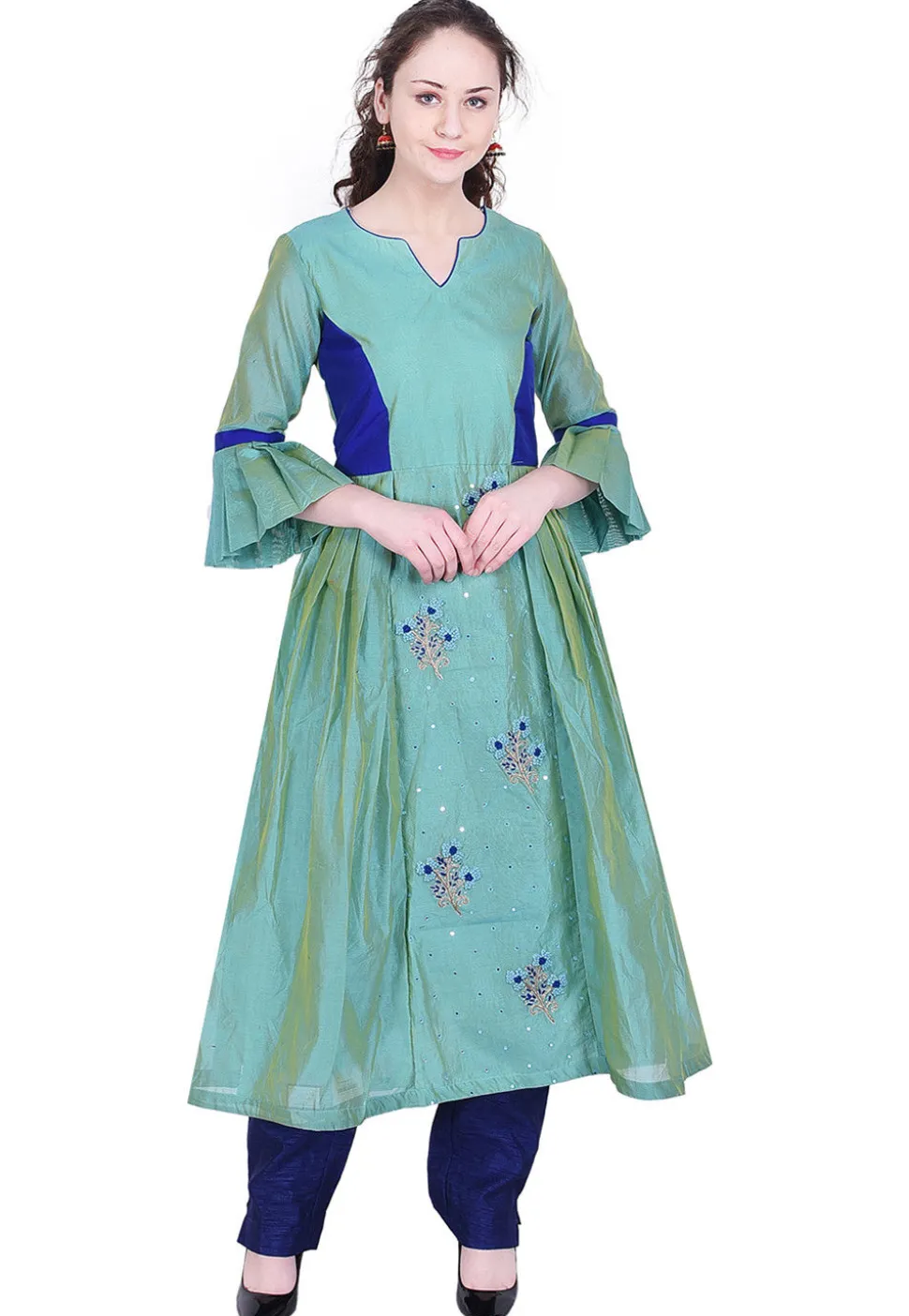 Embroidered Chanderi Silk A Line Kurta in Light Teal Green