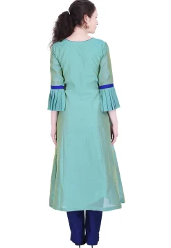 Embroidered Chanderi Silk A Line Kurta in Light Teal Green