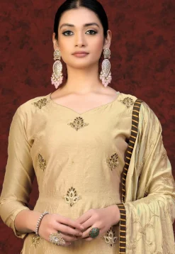Embroidered Chanderi Silk Pakistani Suit in Beige