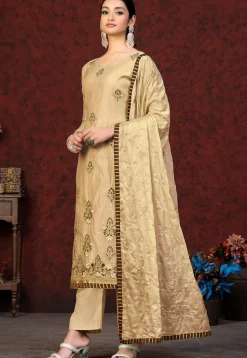 Embroidered Chanderi Silk Pakistani Suit in Beige