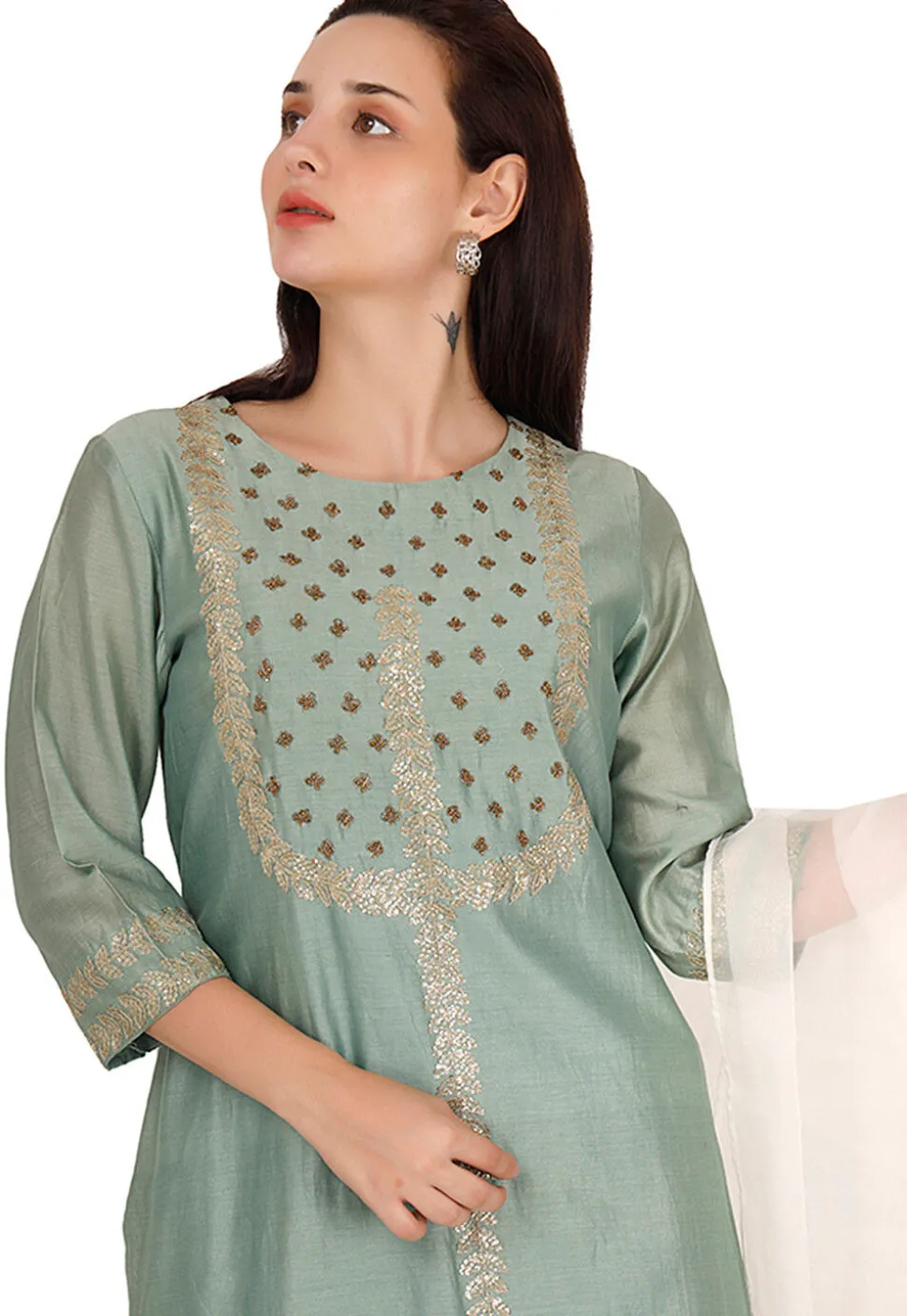 Embroidered Chanderi Silk Pakistani Suit in Dusty Green