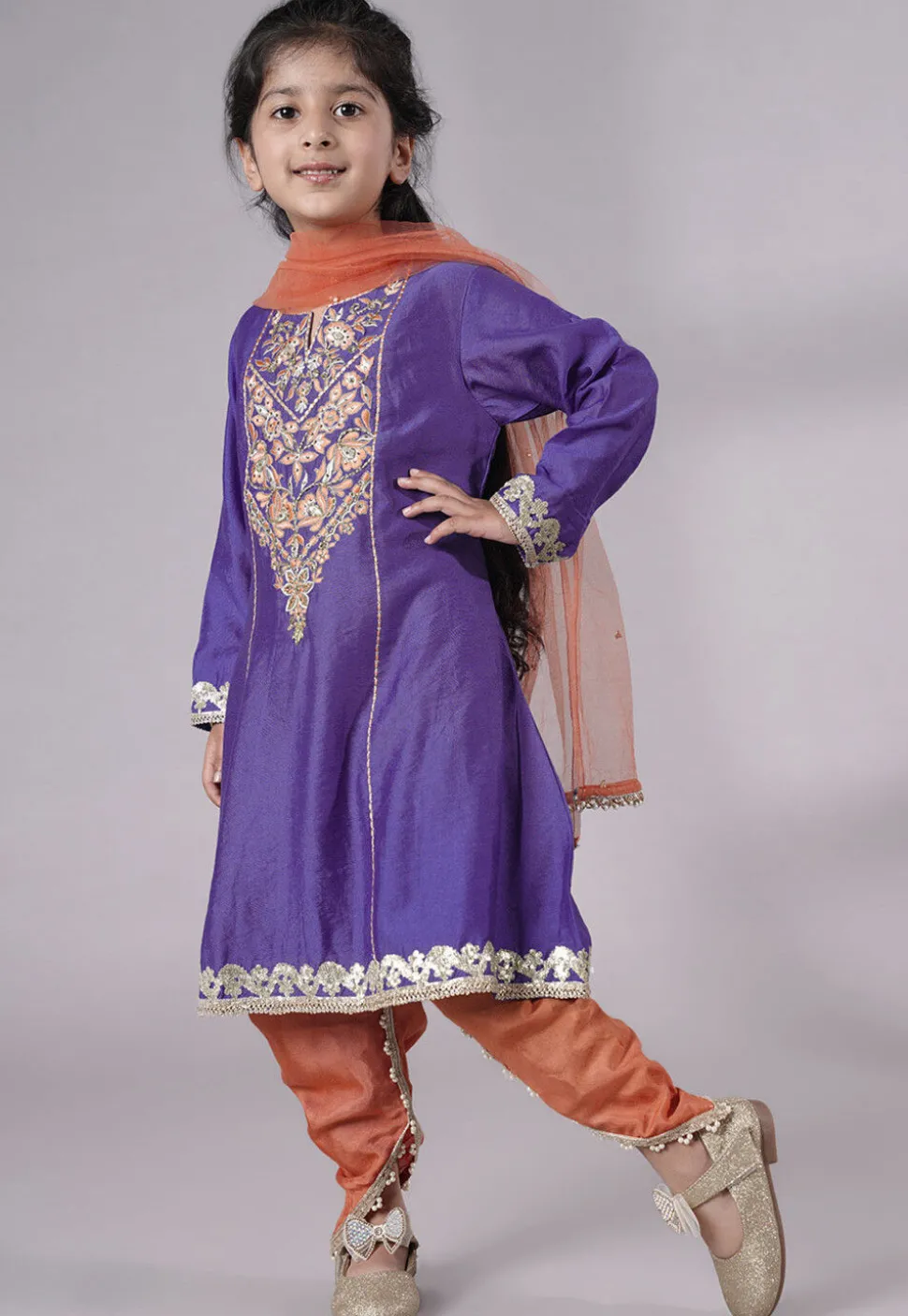 Embroidered Chanderi Silk Punjabi Suit in Purple