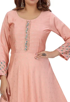 Embroidered Chanderi Silk Jacquard Long Kurta in Peach