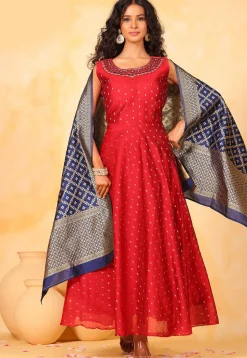 Embroidered Chanderi Silk Jacquard Abaya Style Suit in Red