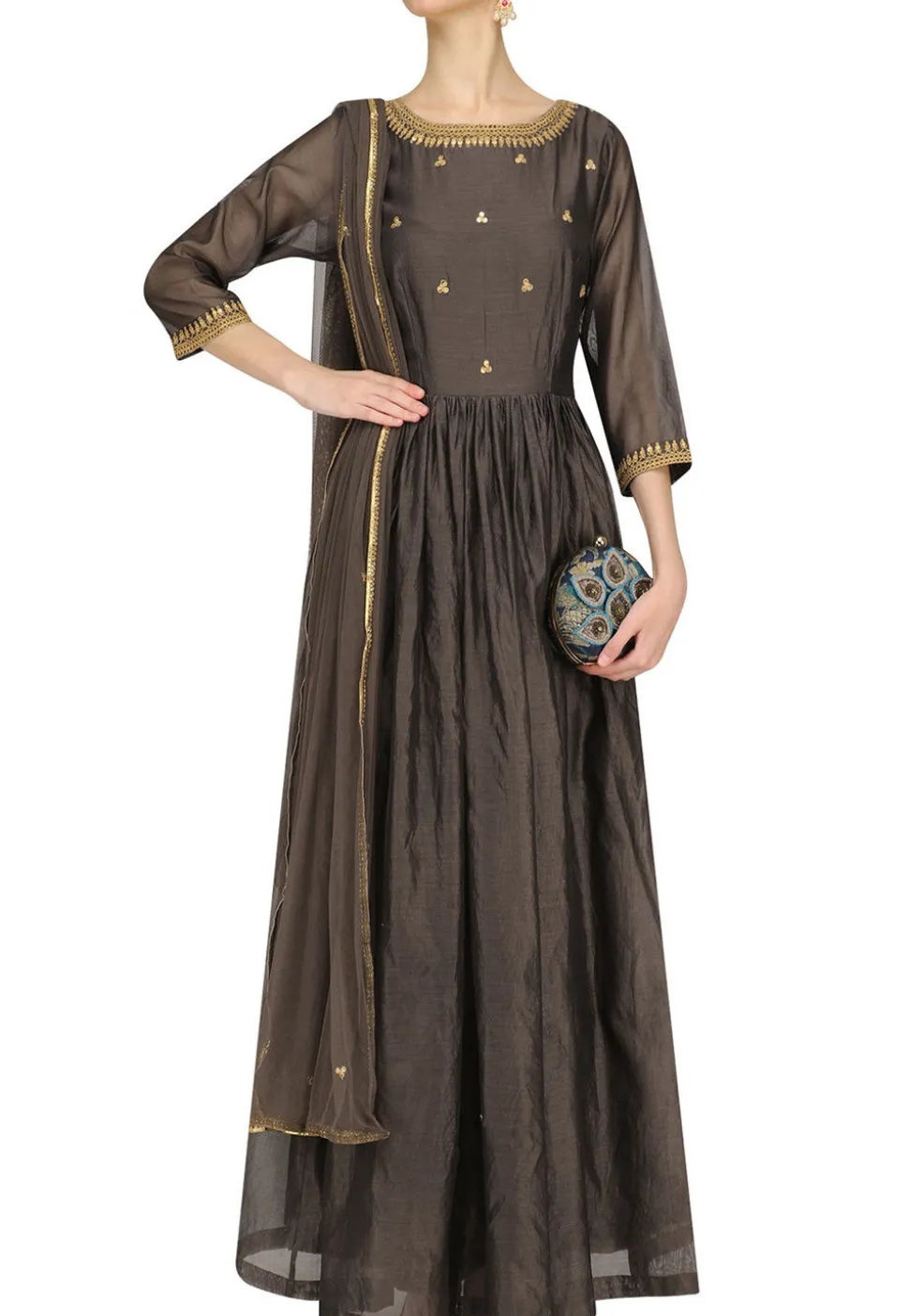 Embroidered Chanderi Silk Abaya Style Suit in Dark Grey