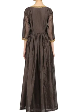 Embroidered Chanderi Silk Abaya Style Suit in Dark Grey