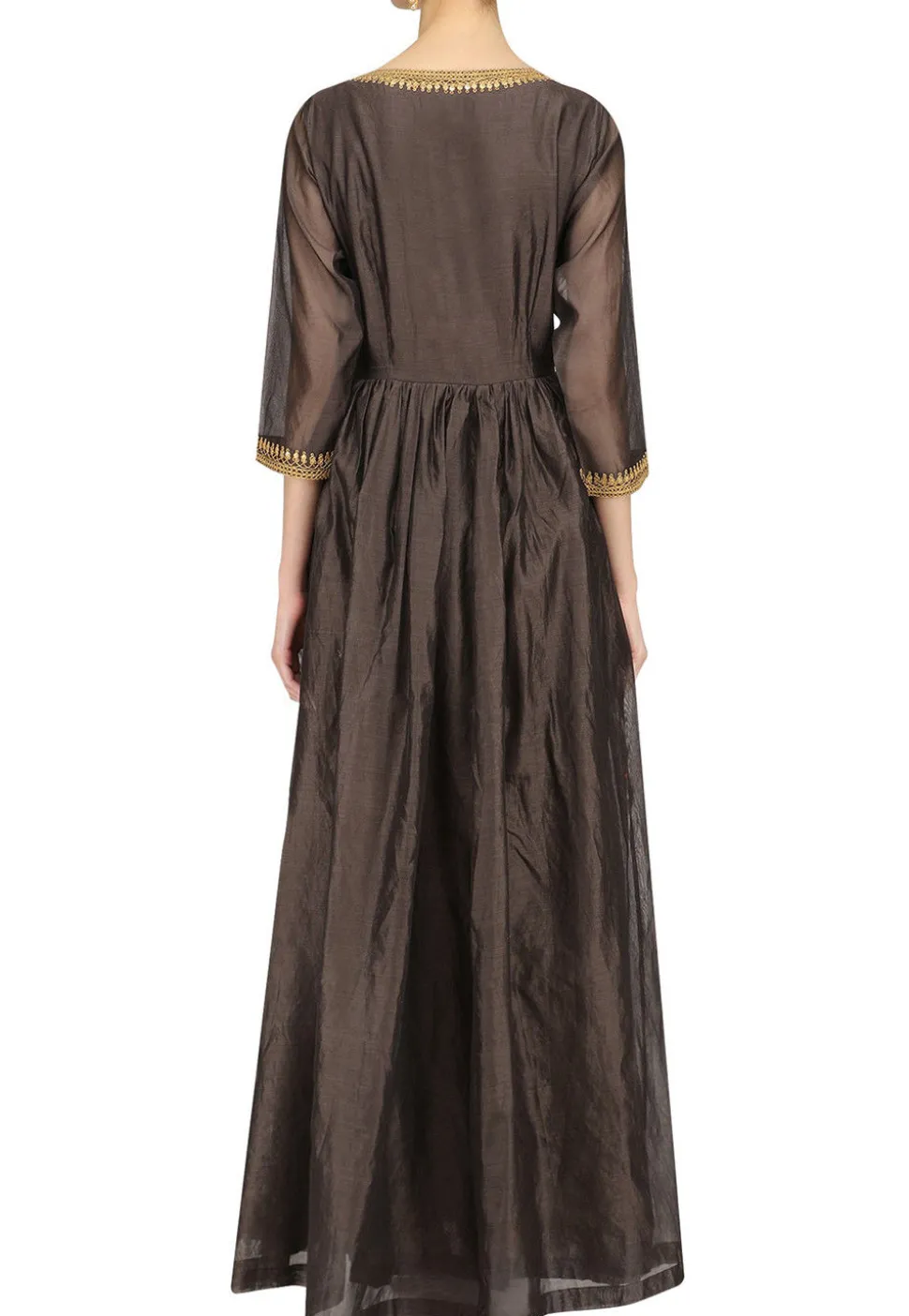 Embroidered Chanderi Silk Abaya Style Suit in Dark Grey