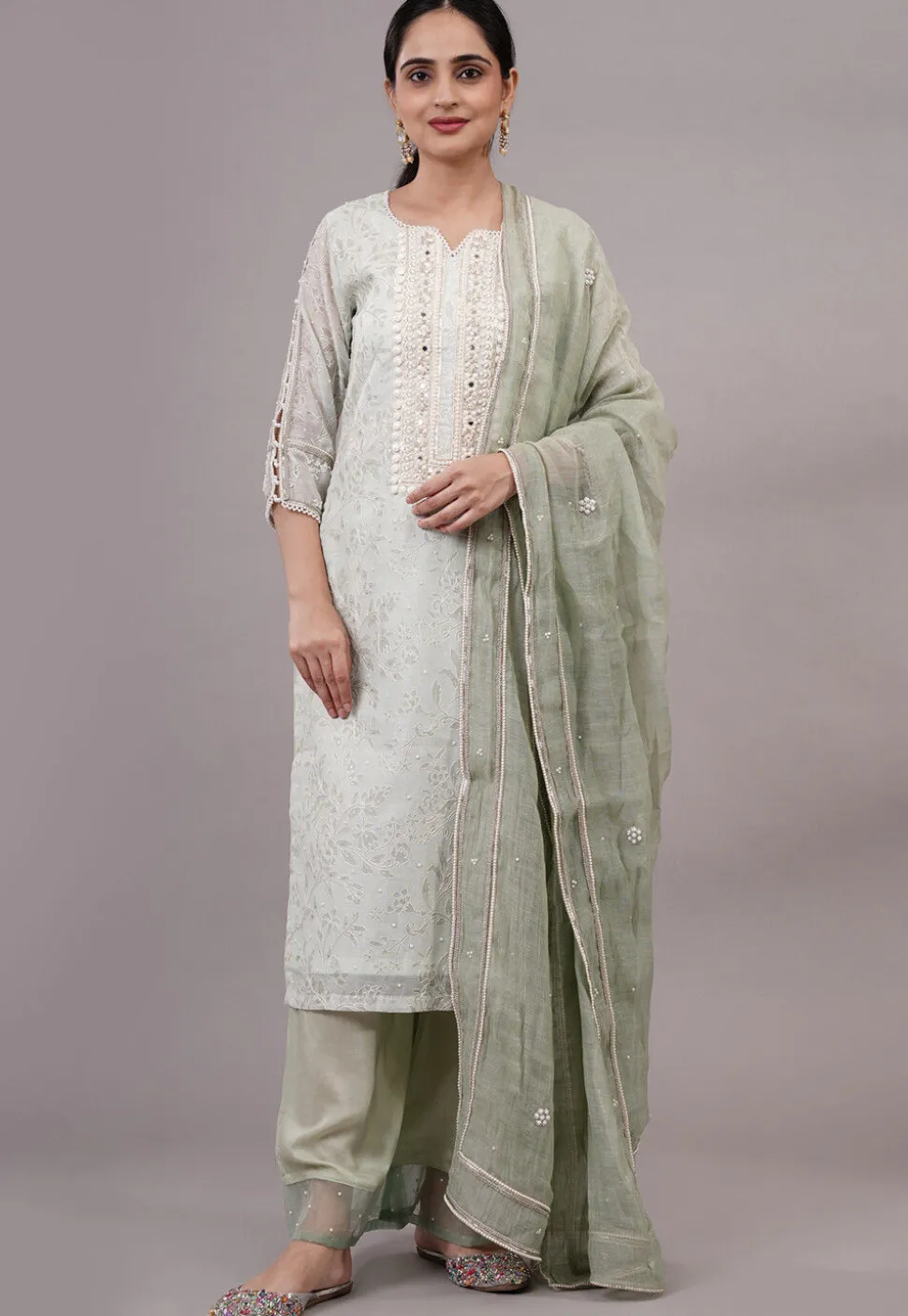 Embroidered Chanderi Silk Pakistani Suit in Pastel Green