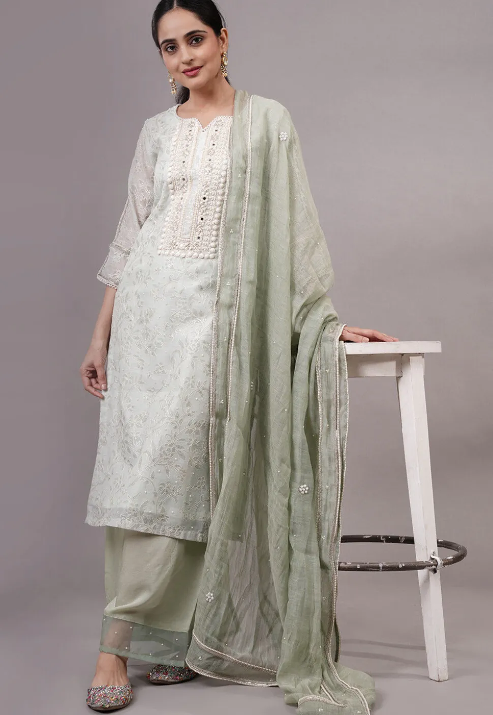 Embroidered Chanderi Silk Pakistani Suit in Pastel Green