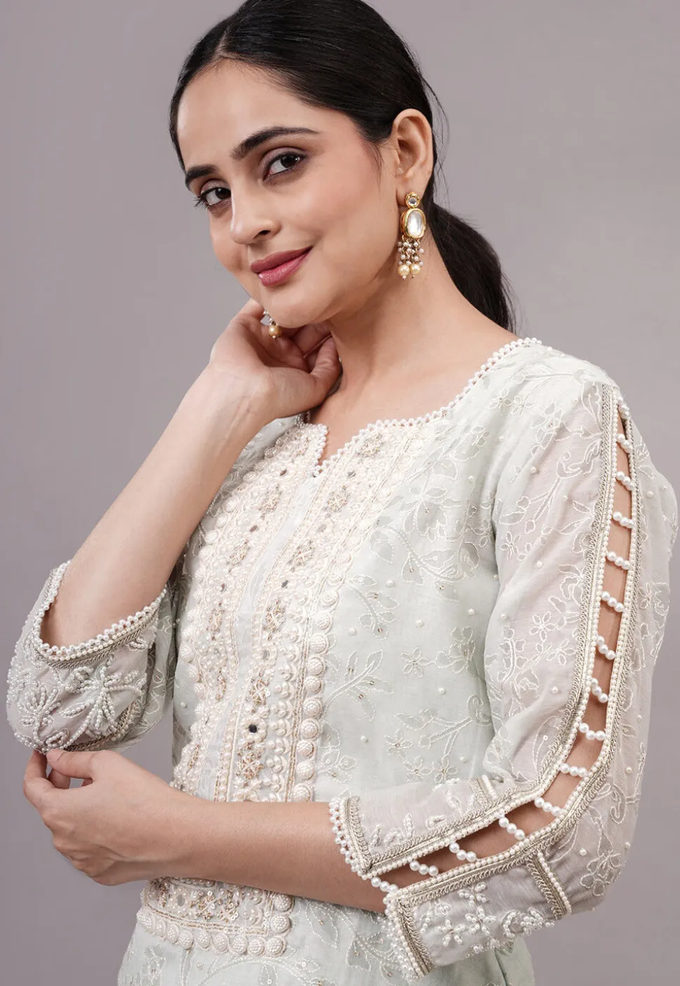 Embroidered Chanderi Silk Pakistani Suit in Pastel Green
