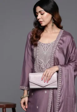 Embroidered Chanderi Silk Pakistani Suit in Dusty Purple