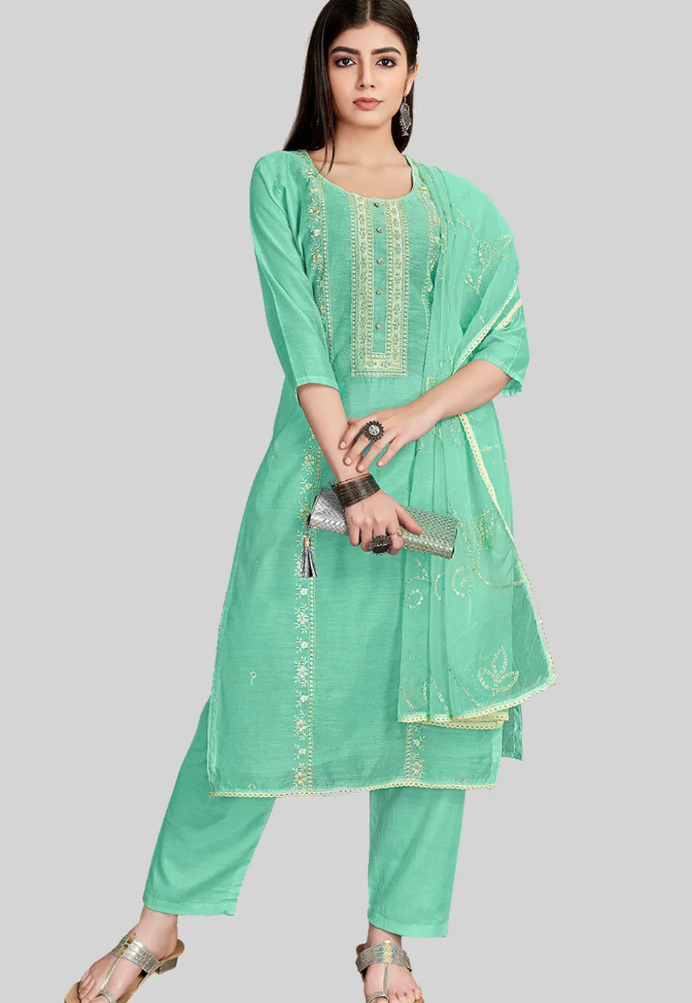 Embroidered Chanderi Silk Pakistani Suit in Teal Green