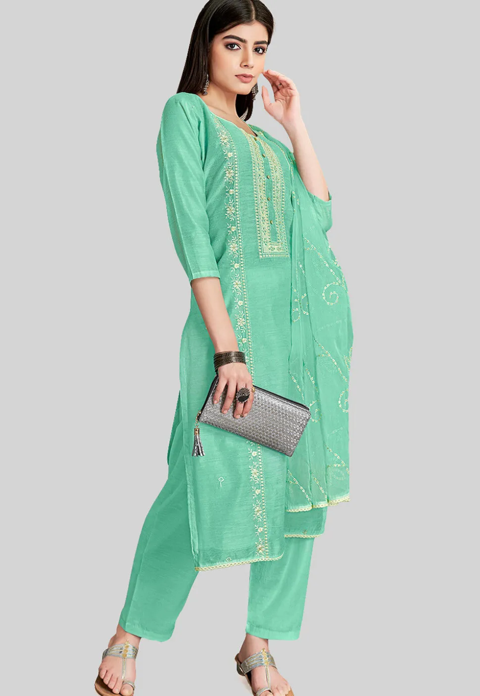 Embroidered Chanderi Silk Pakistani Suit in Teal Green