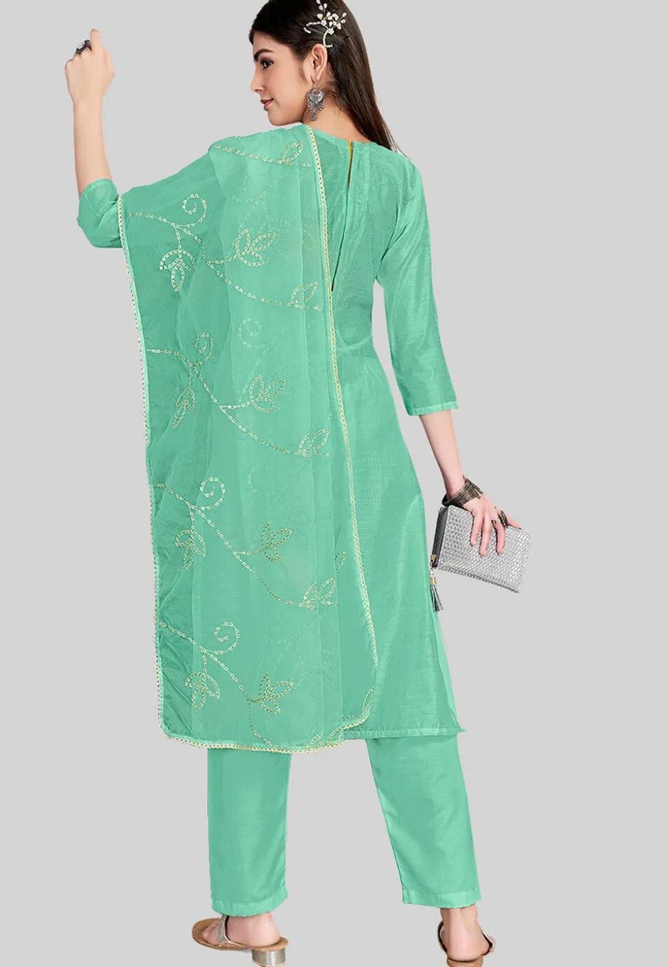Embroidered Chanderi Silk Pakistani Suit in Teal Green