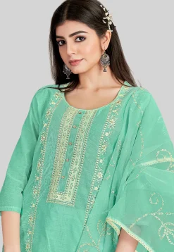 Embroidered Chanderi Silk Pakistani Suit in Teal Green