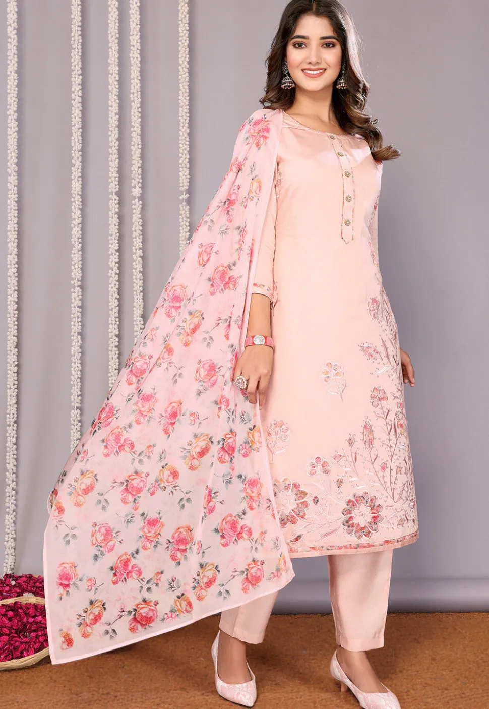 Embroidered Chanderi Silk Pakistani Suit in Pink
