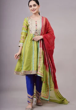 Embroidered Chanderi Silk Anarkali Suit in Olive green