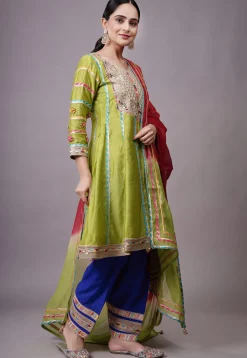 Embroidered Chanderi Silk Anarkali Suit in Olive green