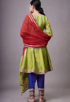 Embroidered Chanderi Silk Anarkali Suit in Olive green