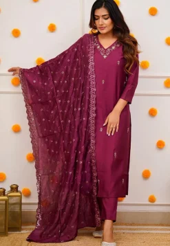 Embroidered Chanderi Silk Pakistani Suit in Purple