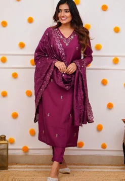 Embroidered Chanderi Silk Pakistani Suit in Purple