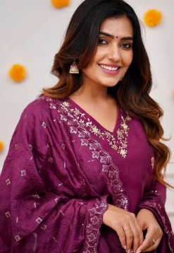 Embroidered Chanderi Silk Pakistani Suit in Purple