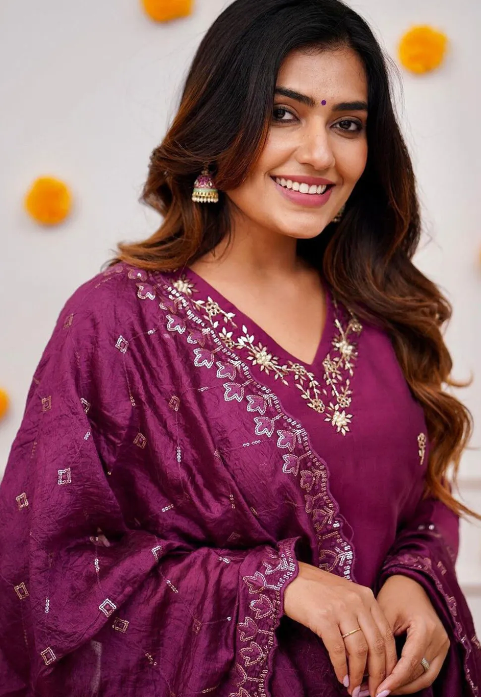 Embroidered Chanderi Silk Pakistani Suit in Purple
