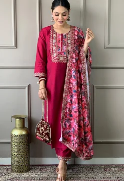 Embroidered Chanderi Silk Pakistani Suit in Pink