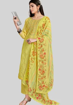 Embroidered Chanderi Silk Pakistani Suit in Yellow
