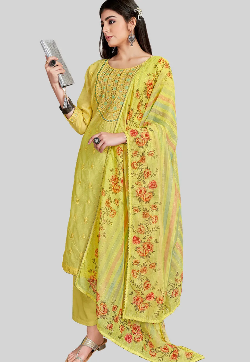 Embroidered Chanderi Silk Pakistani Suit in Yellow
