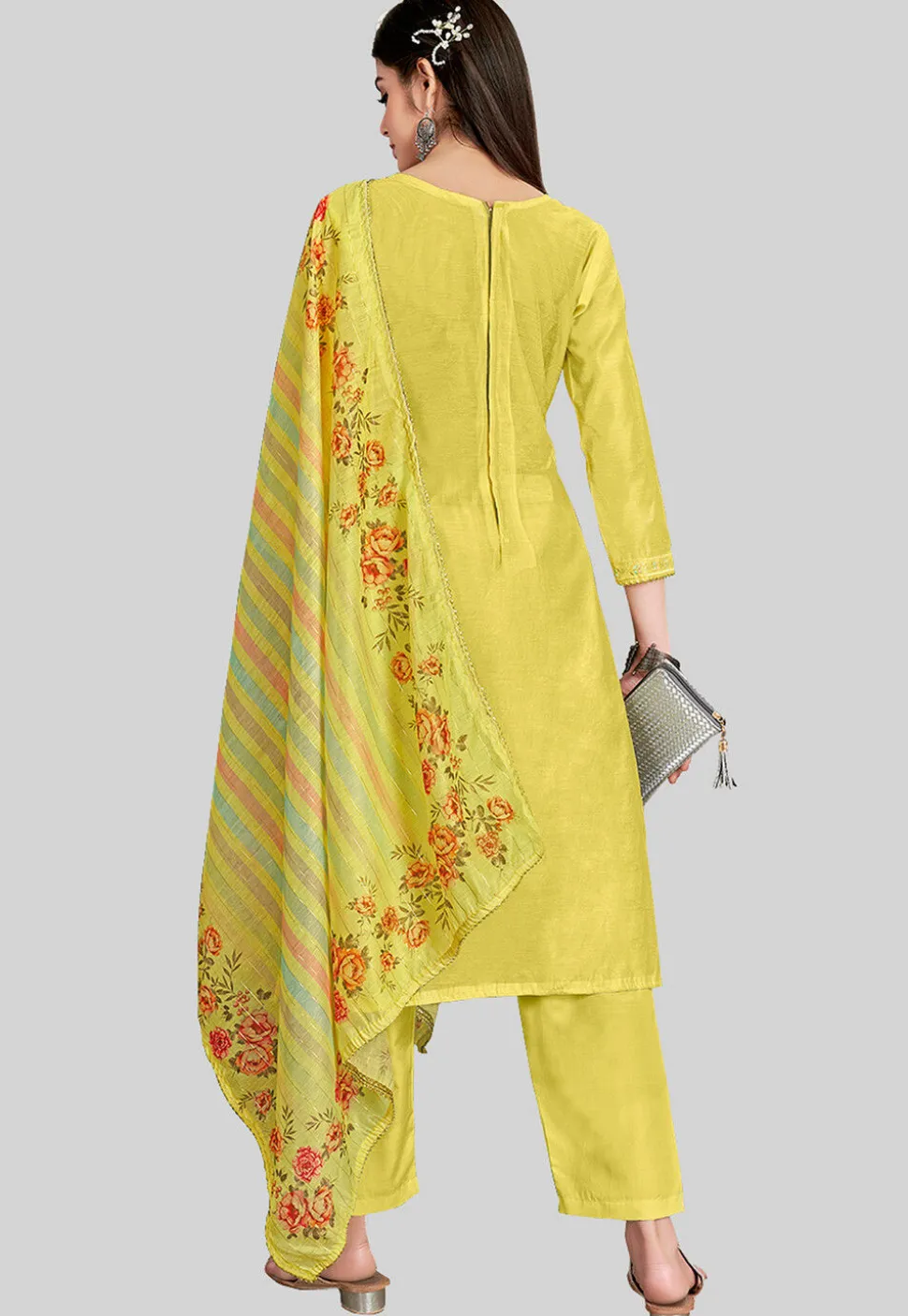 Embroidered Chanderi Silk Pakistani Suit in Yellow
