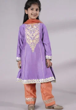 Embroidered Chanderi Silk Punjabi Suit in Light Purple
