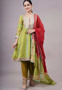 Embroidered Chanderi Silk Anarkali Suit in Olive green