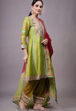 Embroidered Chanderi Silk Anarkali Suit in Olive green