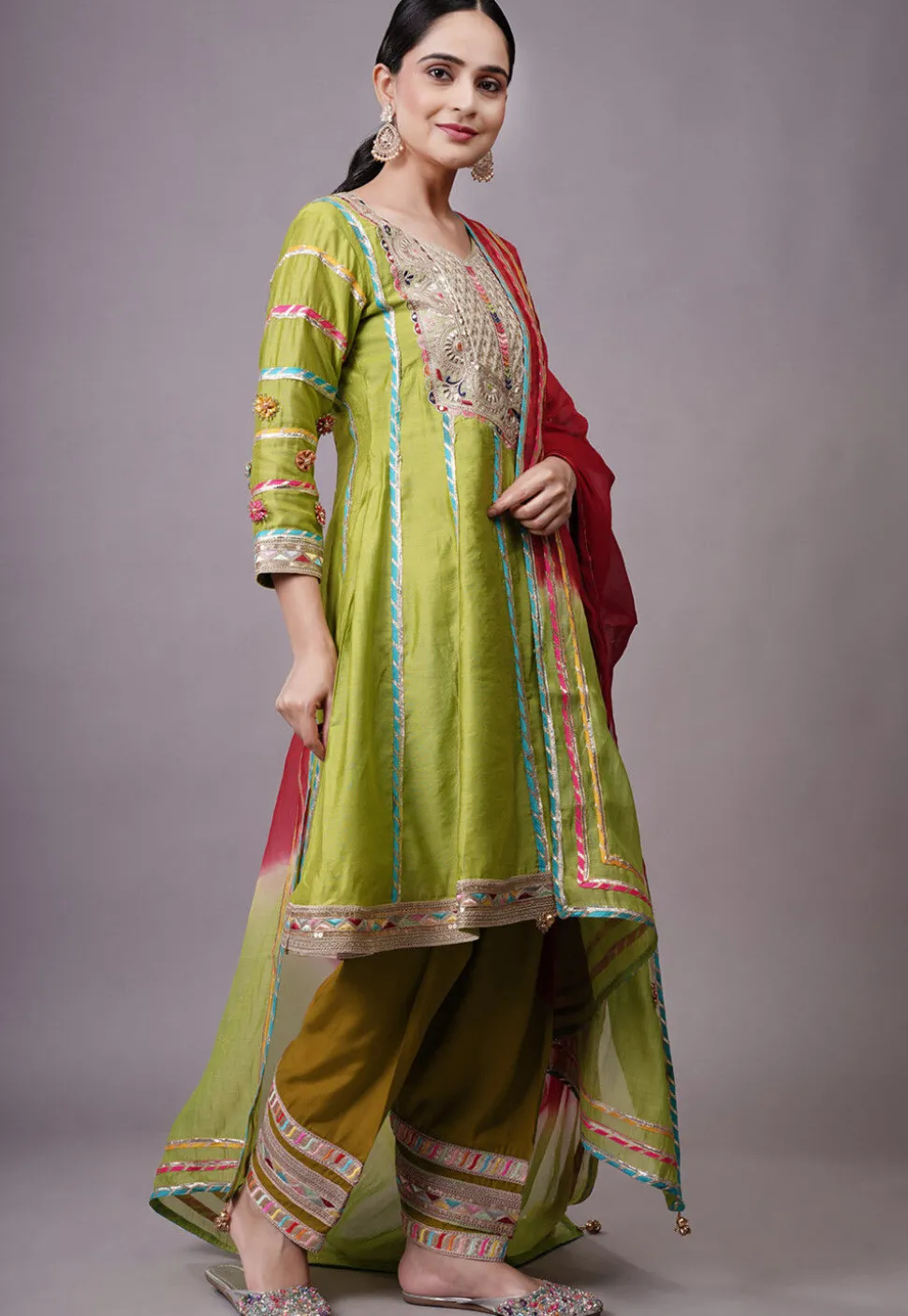 Embroidered Chanderi Silk Anarkali Suit in Olive green