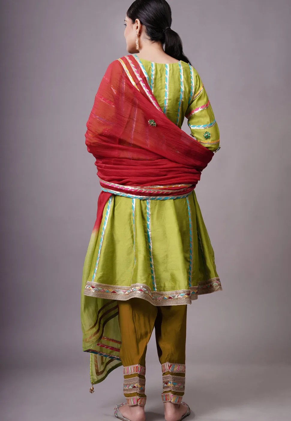 Embroidered Chanderi Silk Anarkali Suit in Olive green