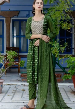 Embroidered Chanderi Silk A Line Suit in Olive Green