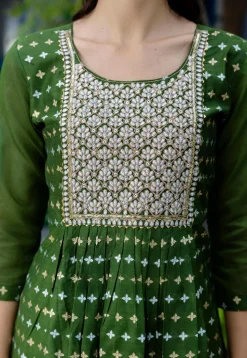 Embroidered Chanderi Silk A Line Suit in Olive Green