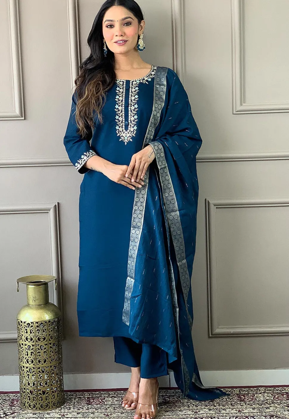 Embroidered Chanderi Silk Pakistani Suit in Blue
