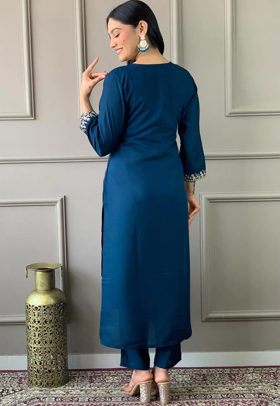 Embroidered Chanderi Silk Pakistani Suit in Blue