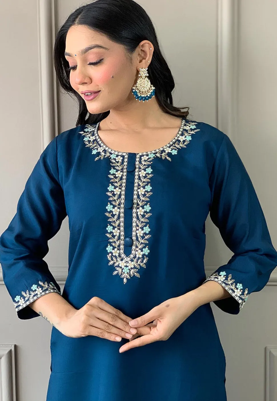Embroidered Chanderi Silk Pakistani Suit in Blue