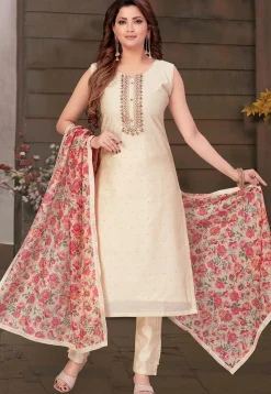 Embroidered Chanderi Silk Pakistani Suit in Cream